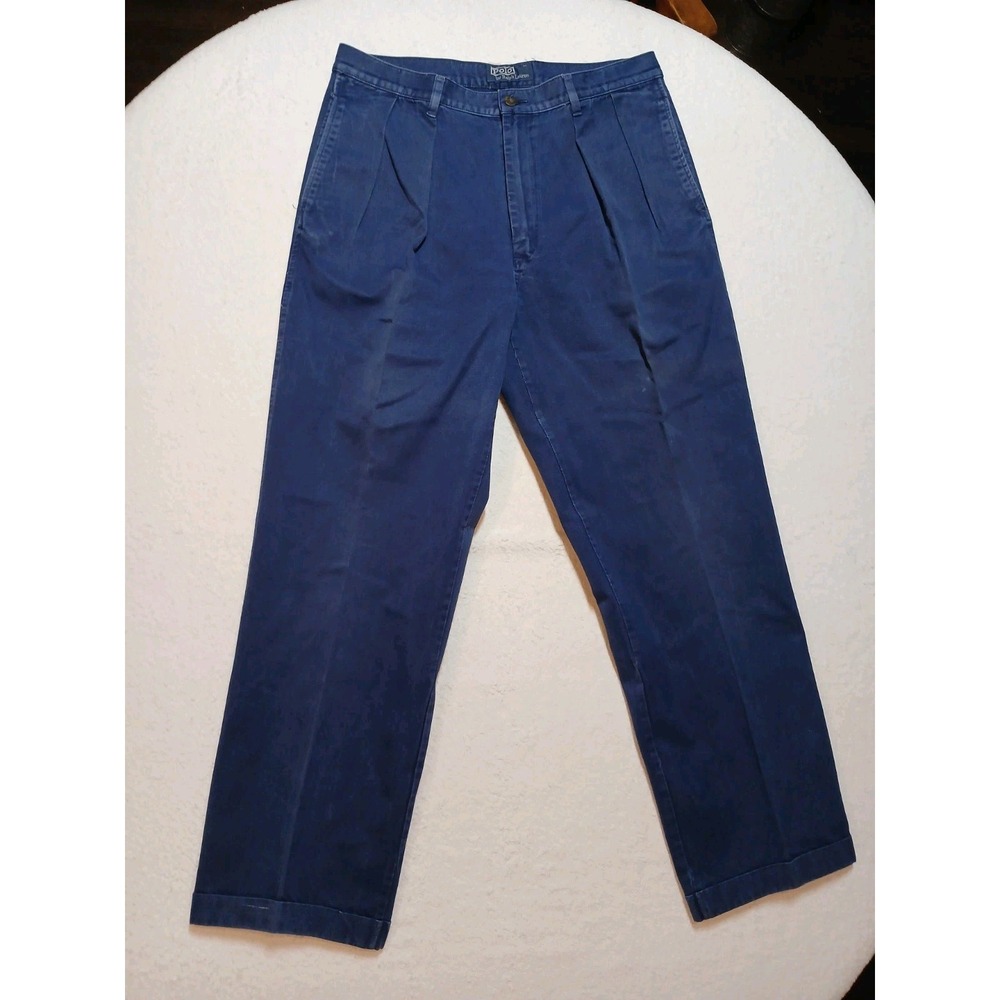 VTG Polo Ralph Lauren Andrew Pant 36x30 Navy Blue Pleated Chino Cotton Trousers